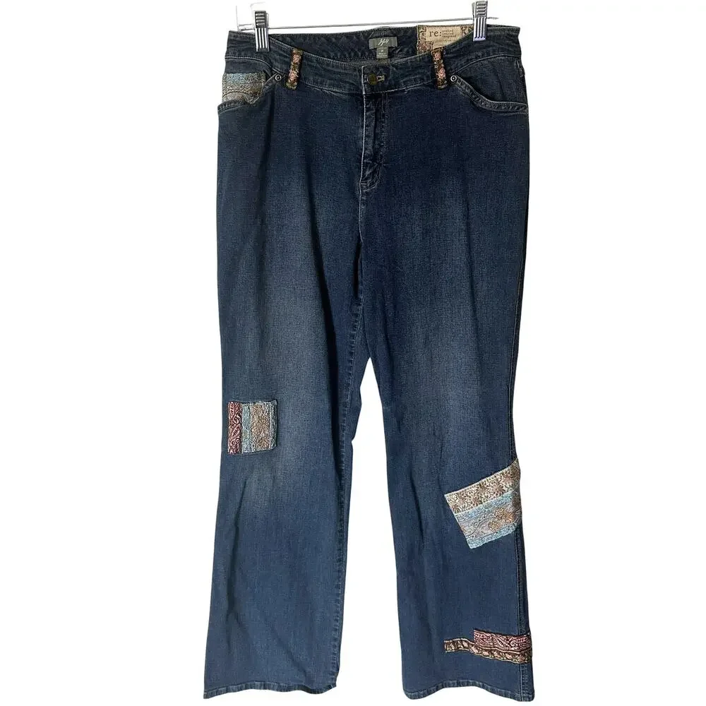 J. Jill Festival Patch Jeans Womens Size 8 Blue Stretch Boho Limited Edition